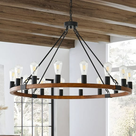 16-Light Farmhouse Wagon Wheel Chandelier,Rustic Farmhouse Chandelier, Wagon Wheel Light Fixture Wood Chandelier Light Fixture for Living Room Foyer