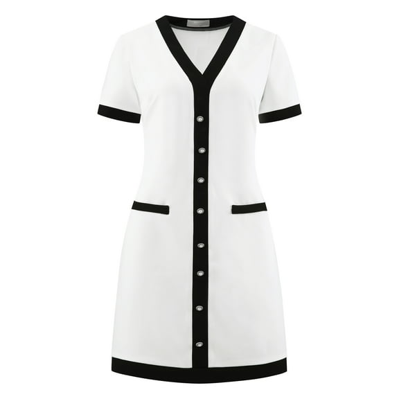 DARING DIVA V Neck A-Line Contrast Color Short Sleeve Trendy Dress S White