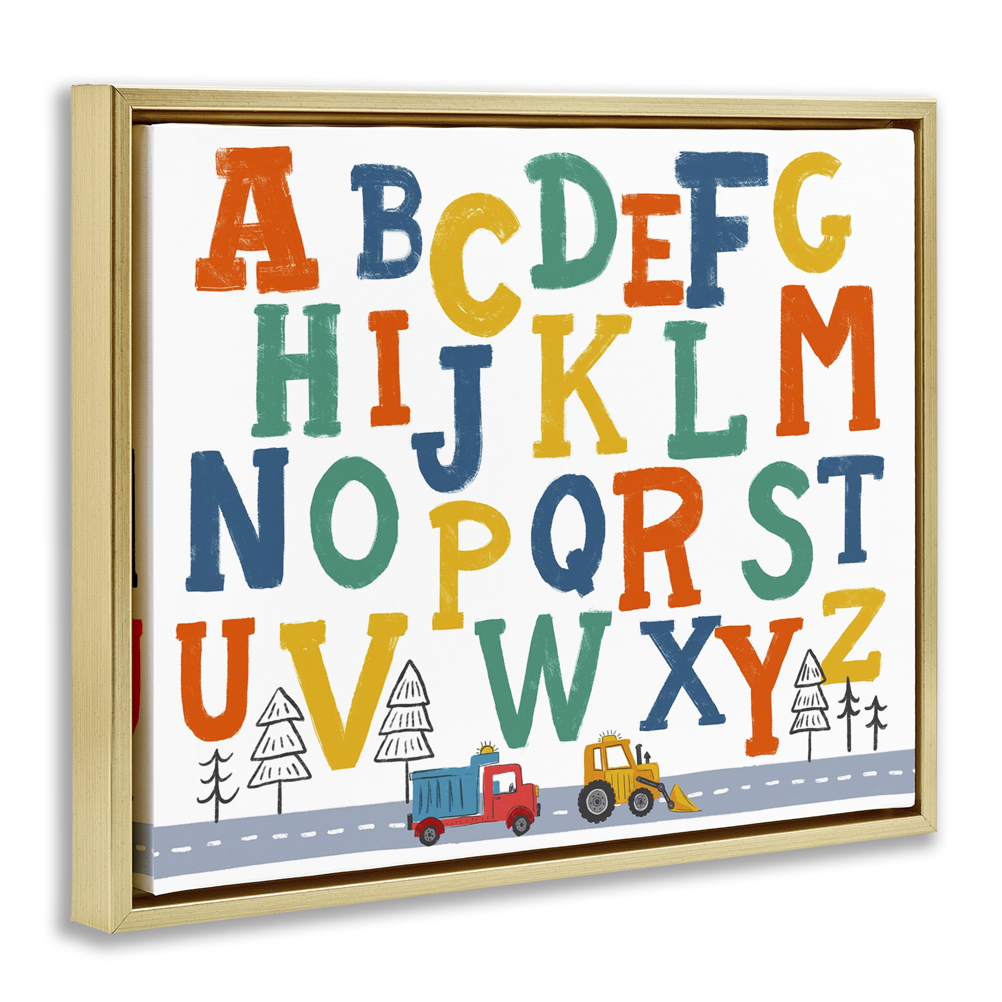 Stupell Industries Alphabet & Construction Trucks Education Painting Gold Floater Framed Canvas Art Print Wall Art, 31 x 25