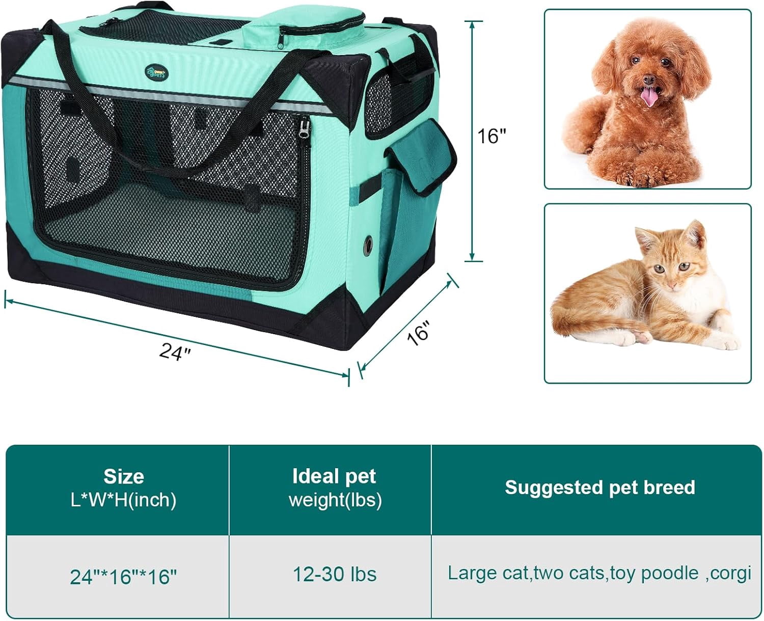 Large   for 2 Cats Small Dogs, 24 Inches Collapsible Soft Dog Crate for Car Travel, Portable  with Soft Mat