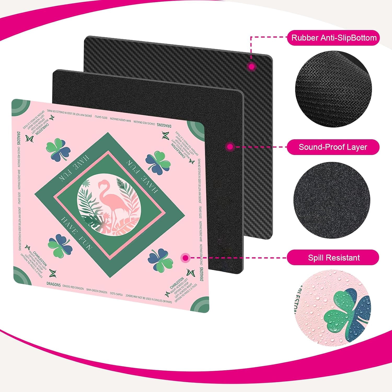 Mahjong Mat Non-Slip 31.5x31.5 Inch | Noise Reduction Game Table Mat with Carrying Bag - for Mahjong, Board Games, Dominoes, Poker Cards, Tabletop Gaming（Pink/Flamingo）