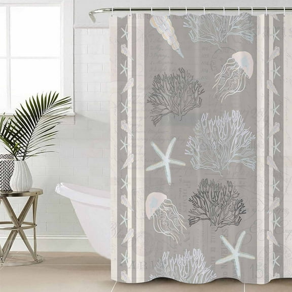 Gray Coastal Bathroom Curtain 78 Inch Shower Curtain with Hooks, Nautical Beach Summer Sea Starfish Coral Waterproof Polyester Bath Curtain Washable Bathtub Curtain 36''x 78''