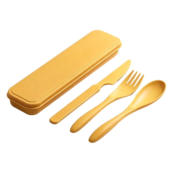 Picnic Set, Flatware Set, Travel Silverware Set with Case, Spoon and Fork Set, Yellow Wheat Straw 3-In-1 Portable Travel Dining Kit, -Safe Utensils Paired with Hard Plastic