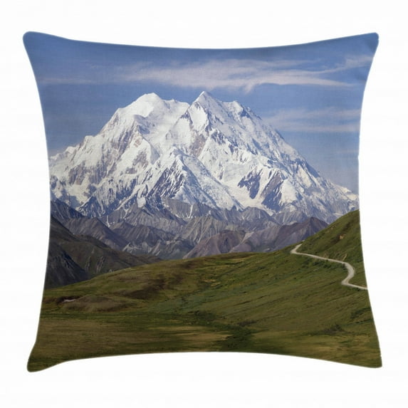 Alaska Throw Pillow Cushion Cover, McKinley Mountain in Denali National Park in Alaska Scenic Landscape, Decorative Square Accent Pillow Case, 16 X 16 Inches, Fern Green White Sky Blue, by Ambesonne