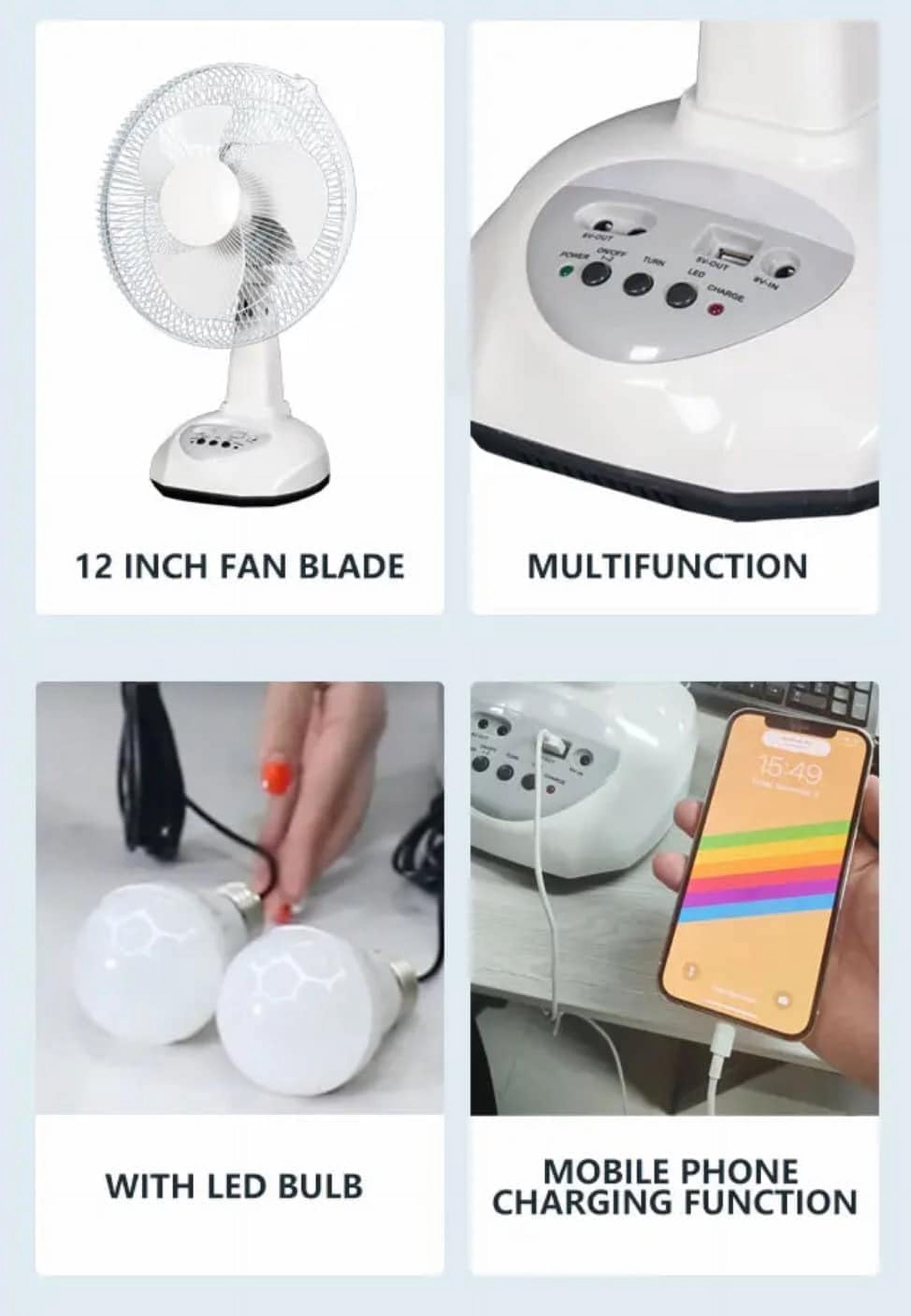 New Rechargeable Fan With solar panel, USB port, night LED light and 2 Free bulbs. Eco-Friendly Cooling