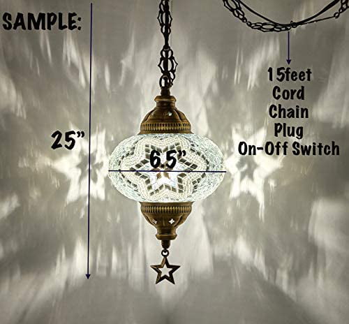 SWAG PLUG IN 7 Turkish Moroccan Mosaic Hanging Ceiling Lantern Pendant Lamp Light Fixture Lighting w 15feet Cord Chain Plug Turquoise
