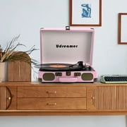 Udreamer Vinyl Record Player 3-Speed Turntable with Bluetooth, Suitcase Portable Vintage Audio Turntable, Pink