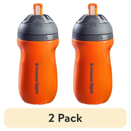 (2 pack) Tommee Tippee Insulated Sporty Straw Bottle, 9oz, Spill Proof Toddler Water Bottle For 12 Months+, Flip Lid Helps Keep Straw Clean, Orange, 1 count