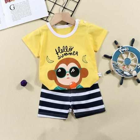 Tfken Outfits Sets For Child Girls Cartoon Print Crew Neck Light Yellow Tops Shorts Size 3 Months-6 Months Breathable Cute Short Sleeve Clothing Set
