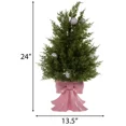 thumbnail image 2 of BOSALY 2FT Artificial Christmas Cedar Tree with Bow Base, Realistic Mini Christmas Tree with Christmas Balls, Indoor Christmas Decorations for Table Room Porch, Christmas Home Decors (Pink), 2 of 10