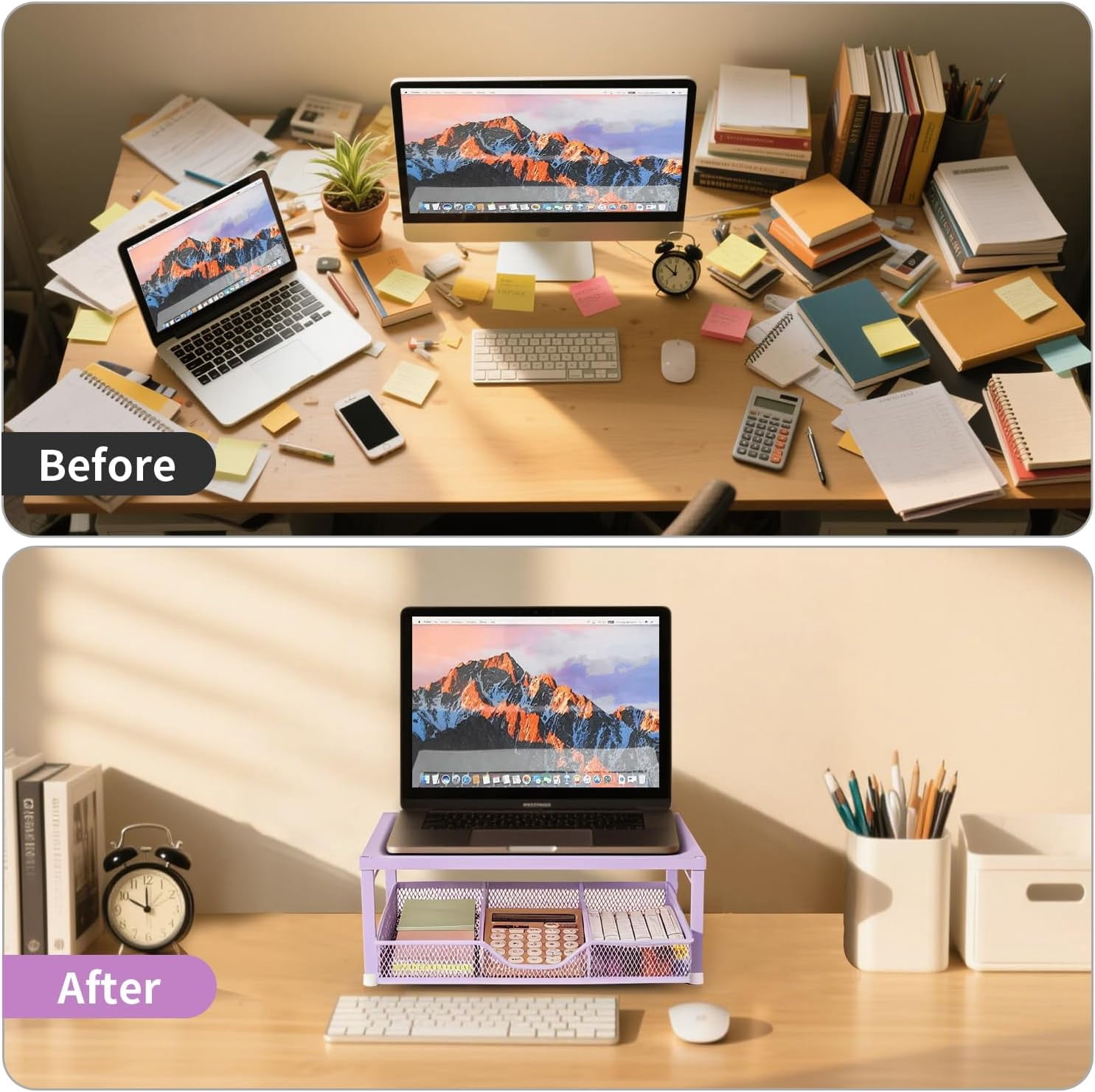Small Pink Laptop Stand for Desk, Monitor Stand, Office Desk Accessories, Computer Desktop Stand with Drawer for Home, Office, School (Purple)