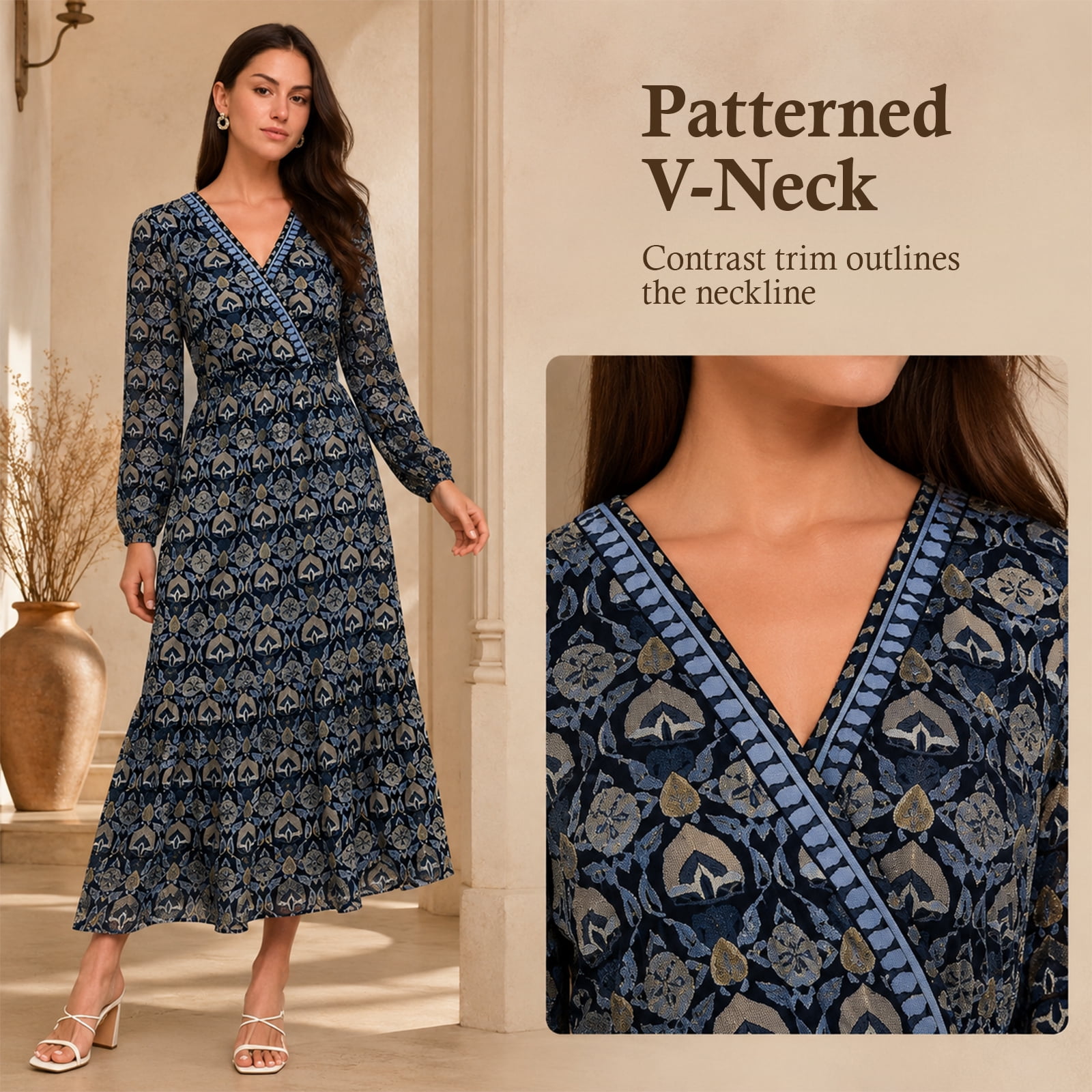 Alvantor Women's Printed Midi Dress, V-Neck Gathered Sleeve Tiered Style, Blue Multi