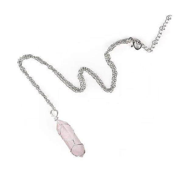 Zhuge Collar con colgante de cristal hexagonal, collar con colgante de piedra de cuarzo natural, collar con piedras preciosas de envoltura de alambre de cristal curativo para mujer (rosa)