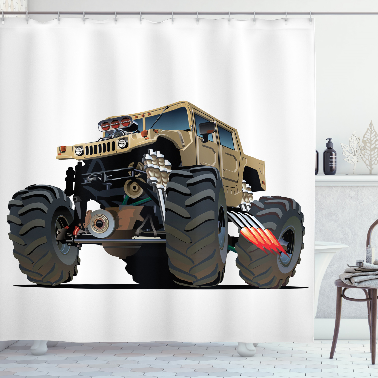 Cars Shower Curtain, Extremely Large Giant Monster Pickup Truck with