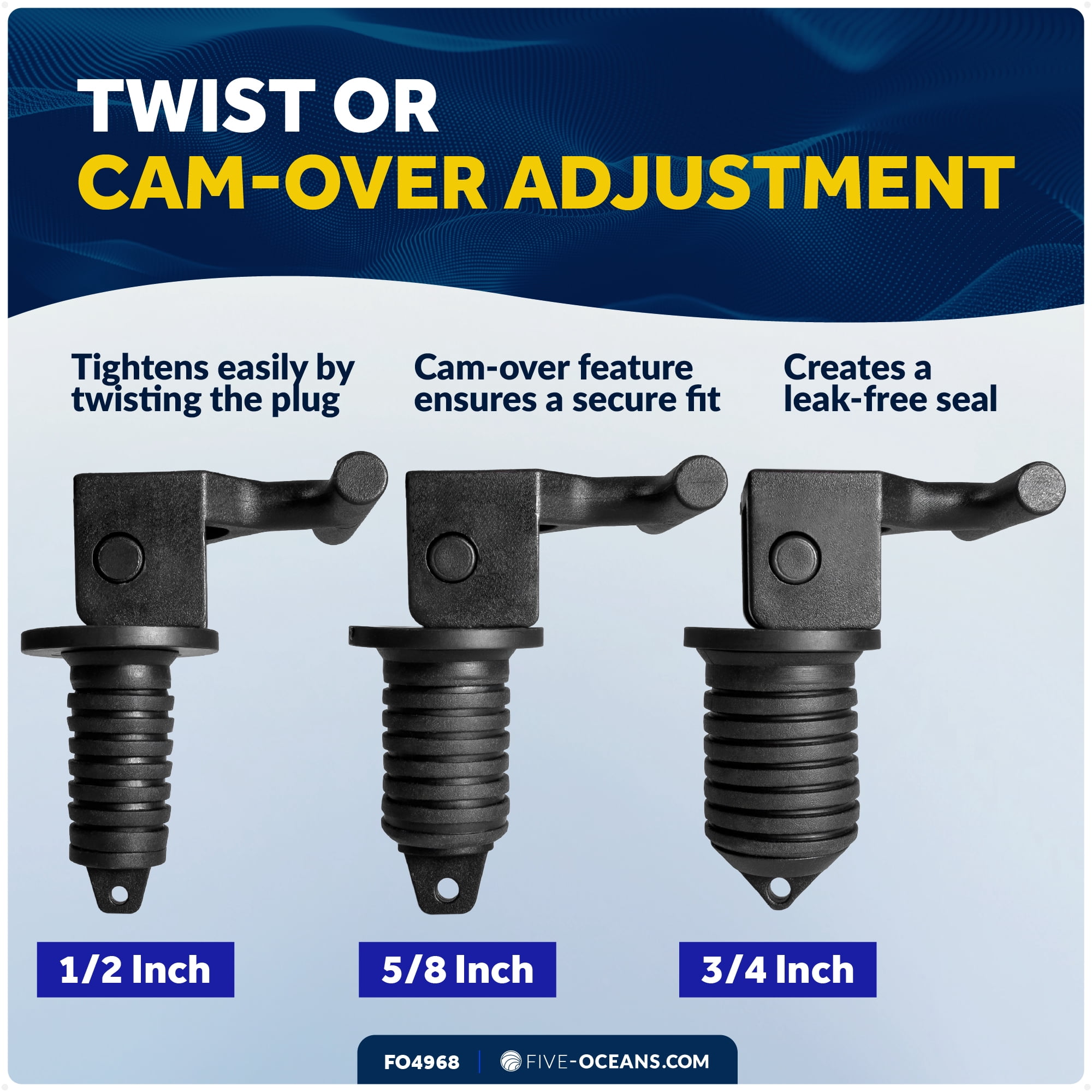Five Oceans Floating Livewell Drain Plugs – 3-Pack (1/2", 5/8", 3/4") ABS Black Plastic, Twist or Cam-Over Adjustable, Universal Replacement for Boats & Kayaks - FO4968