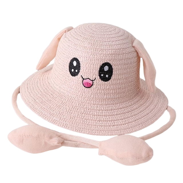 Sombrero de paja con orejas de moda con orejas que se mueven y saltan, gorras de pescador de protección para Rosa claro