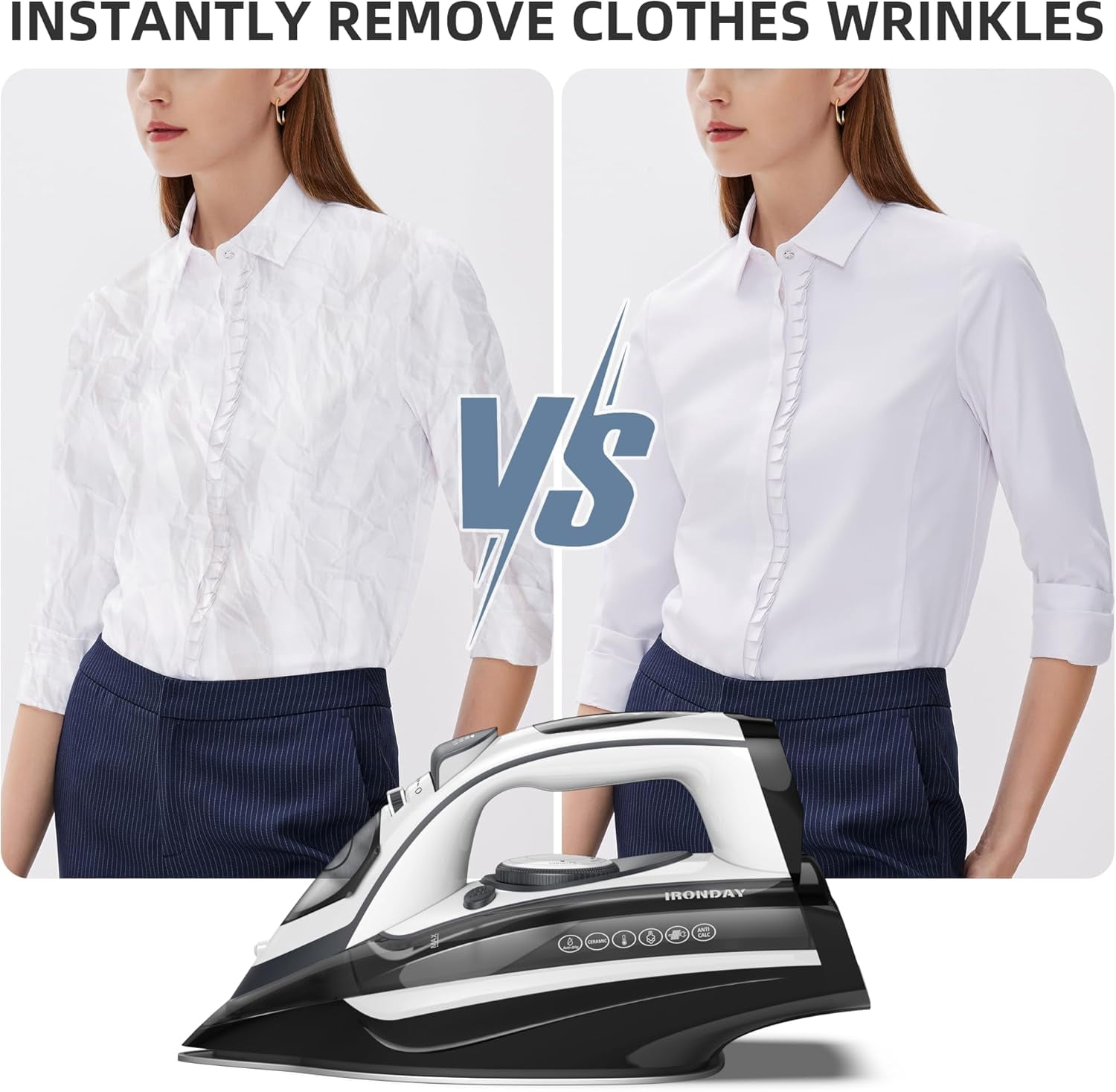 Steam Iron for Clothes Rapid Heating, 1700W Iron with Non-Stick Ceramic Soleplate, 3-Way Auto-Off, Burst of Steam, Self-Cleaning, 14.07oz Water Tank Ironing Clothes for Home, Grey