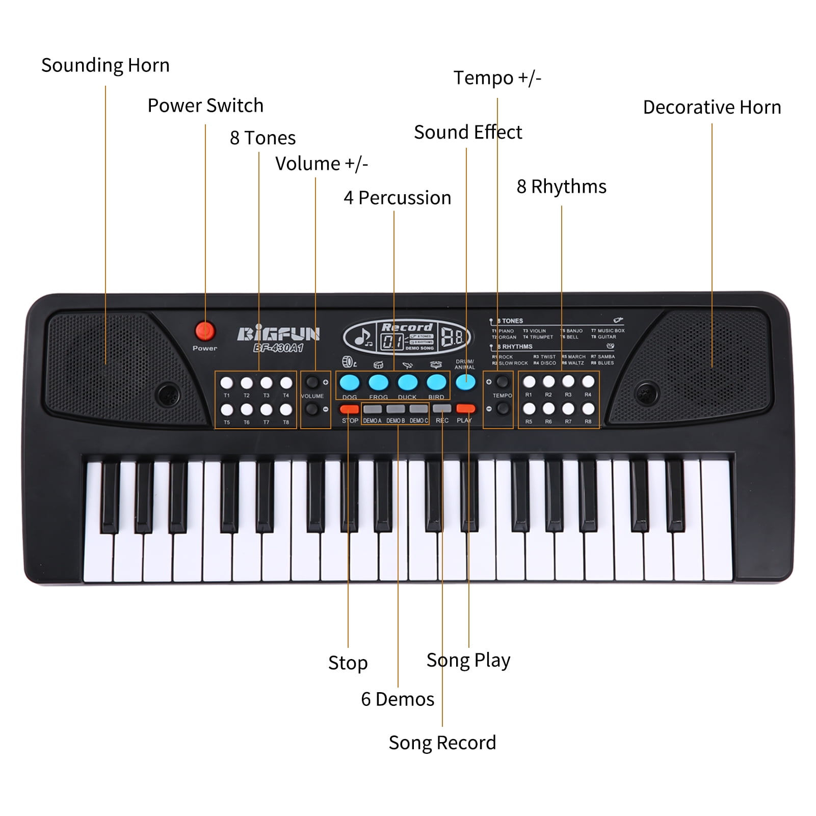BIGFUN Black 37 Keys USB Electronic Piano for Kids with Built-in Stereo Speakers Microphone 8 Tones 8 Rhythms 6 Demo Songs 4 Percussion