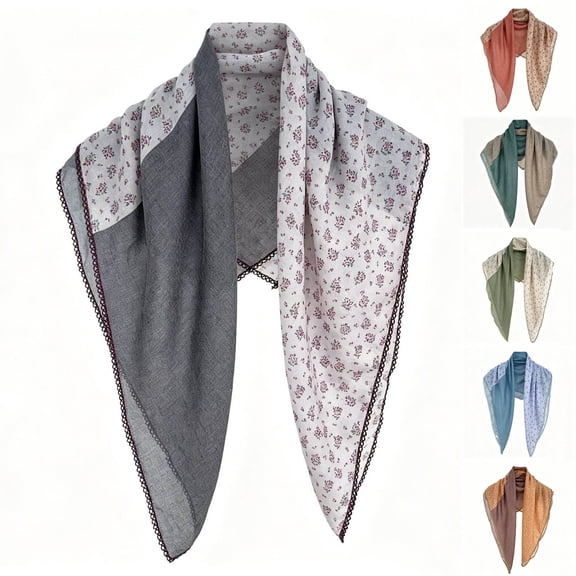 Fewfanhot Women Floral Print Cotton Linen Bandana Vintage Lace Edge Square Neck Scarf Shawl Wrap