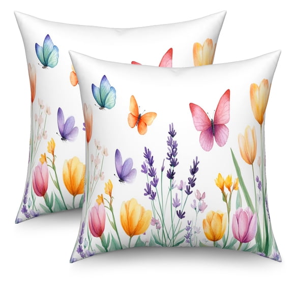 Spring Flower Throw Pillow Covers 18x18 Set of 2,Tulip Lavender Floral Butterfly Pillowcase Cushion Cover for Couch Sofa Bed