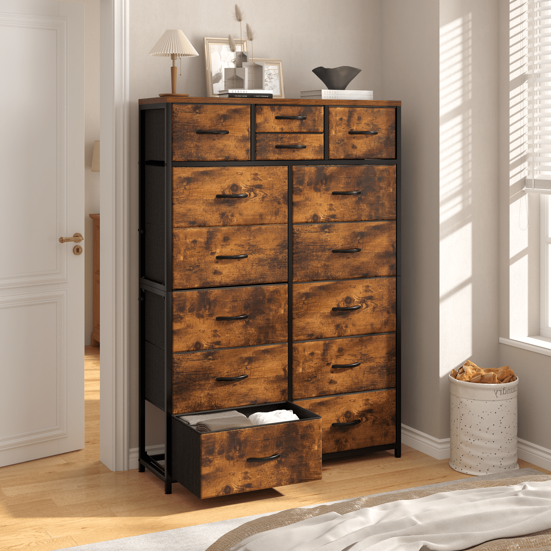 Tall Dresser for Bedroom with Fabric Drawers Dressers & Chests of Drawers for Closet, Sturdy Metal Frame, Wood Top, Rustic Brown