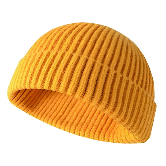 TELOLY Unisex Winter Beanie Hat Short Ribbed Fisherman Skullcap Trawler Knit Cuff Beanie Cap,Yellow