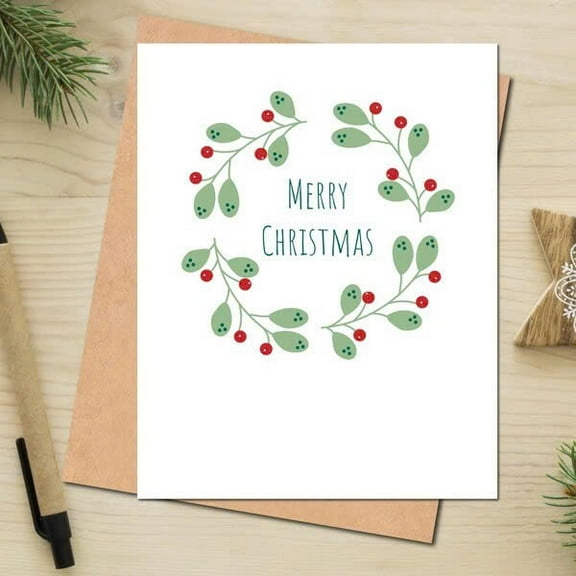 Merry Christmas Card with Holly Wreath Design – Blank Inside – Perfect for Holiday Greetings, Includes Envelope for Sending