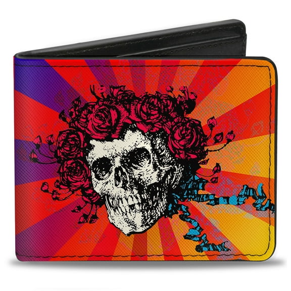 Grateful Dead Wallet, Bifold, Skull Roses Rays Ombre Orange Reds Blues, Vegan Leather