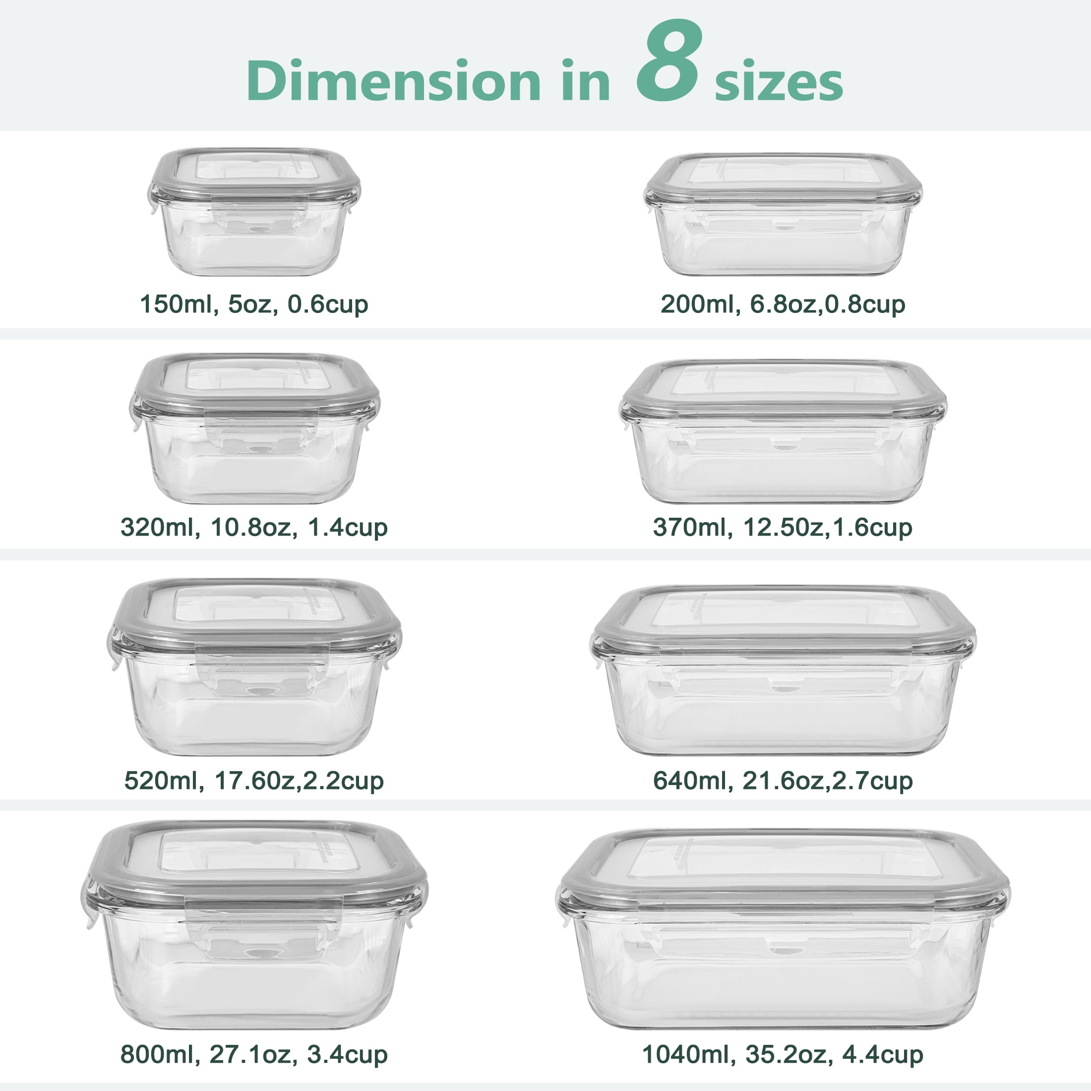 GPED 8 Pack Glass Meal Prep Containers, Food Storage Containers with Lids, Glass Lunch Boxes, Airtight Bento Boxes, for Microwave, Oven, Freezer and Dishwasher Safe, Gray