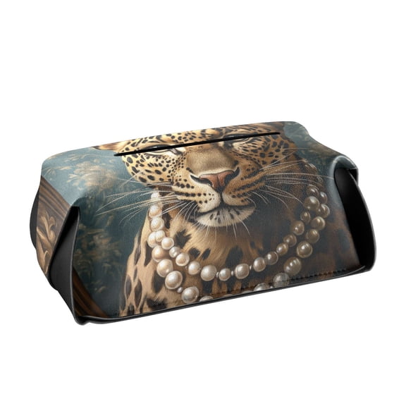 BZSMCE Leatehr Tissue Holders Cute Leopard with Floral Crown Pearls Pattern Tissue box
