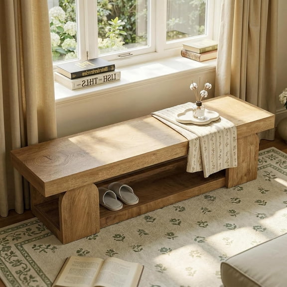 Finmind 63" Long Entryway Bench, Farmhouse Wooden Shoe Storage Bench with Shelf for Bedroom, Hallway, Natural