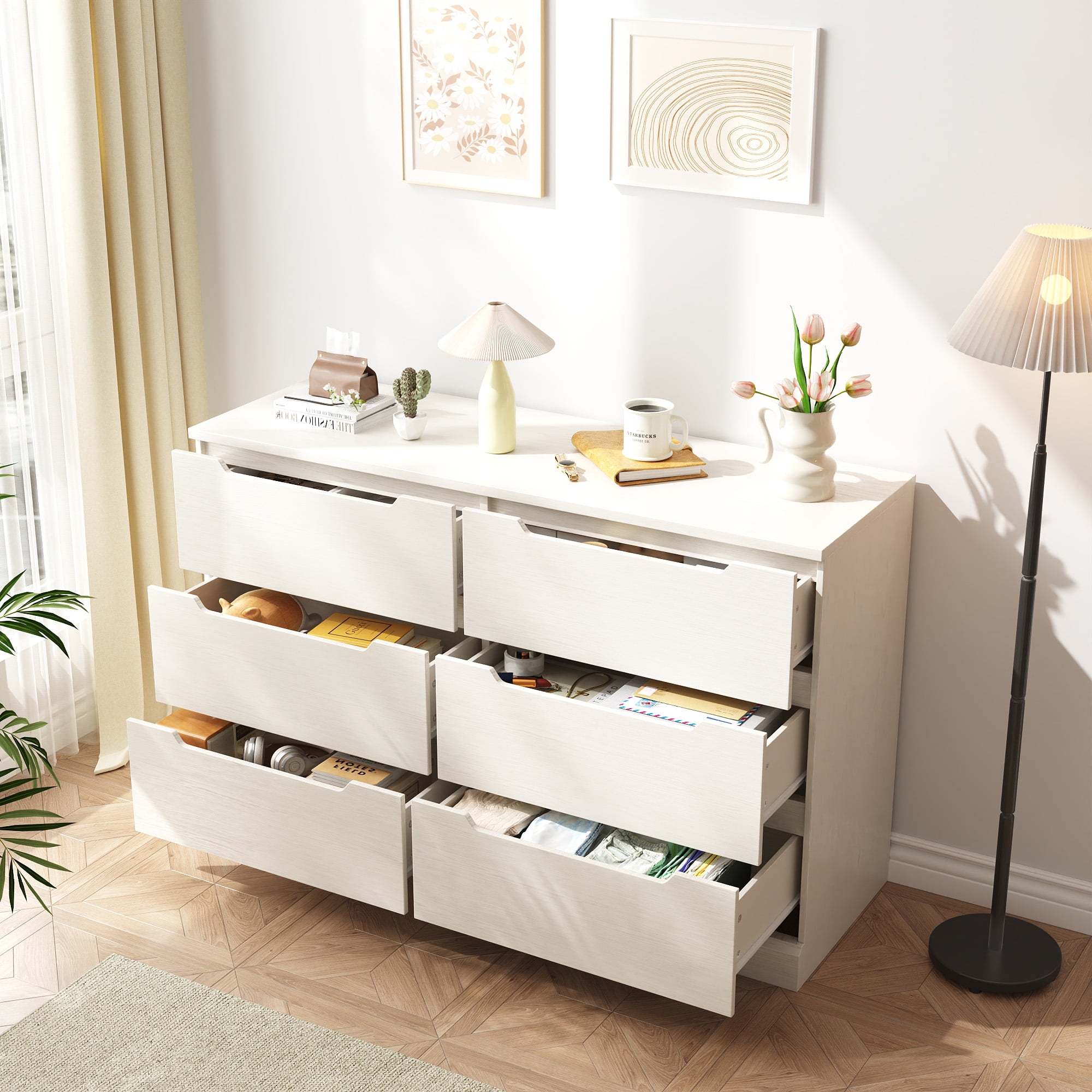 6 Drawer Dresser, Wood Chest of Drawers for Bedroom, White Modern Storage Cabinet Dresser Organizer Unit for Living Room, Closet