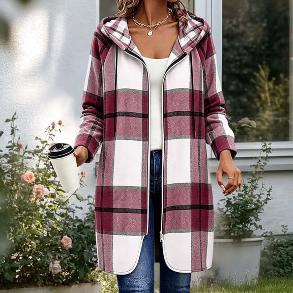Gamivast Hooded Shacket for Women Plaid Flannel Long Sleeve Full Zip up Checkered Long Jacket Casual Lightweight Outerwear Fall Winter Essential Everyday Outfits Purple XXL