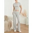 thumbnail image 4 of Musuos Women’s Slim Fit Yoga Outfits Plain Short Sleeve Crew Neck Crop Tops + Flare Long Pants Set Casual Activewear, 4 of 9