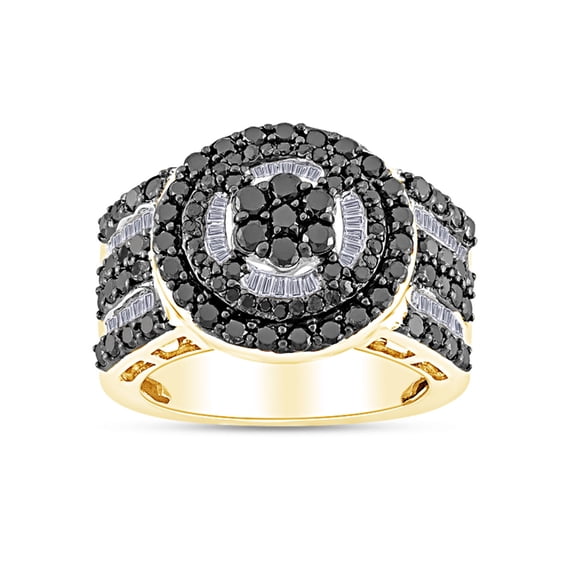 2 Carat (Cttw) Black And White Natural Diamond Circle Frame Cluster Engagement Ring In 14K Yellow Gold Over Sterling Silver (2 Cttw, I2-I3 Clarity)