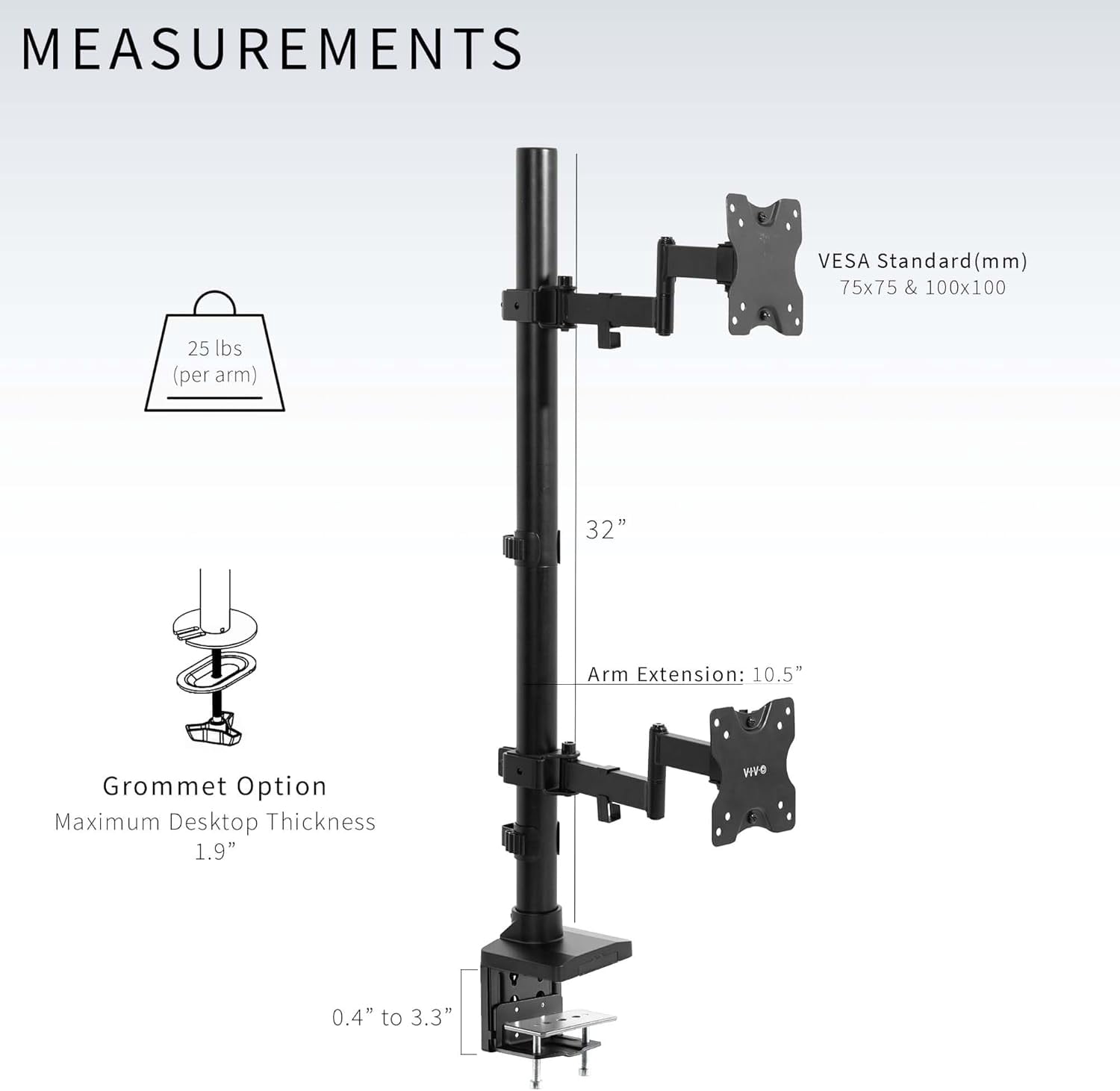 Dual Vertically Stacked Ultra-Wide Monitor Desk Mount with Extension Arms,  Tall Heavy Duty Adjustable Stand for 2 Ultrawide Screens  to 43 inches, 50 lbs Capacity, Black, STAND-V202T