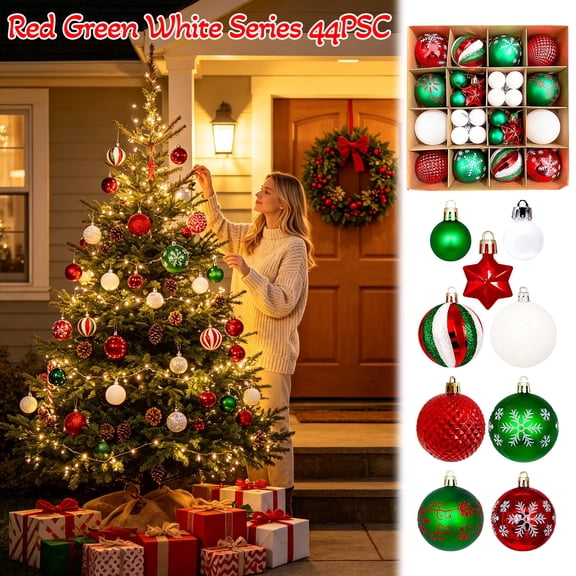 Neoargh 44Pcs Christmas Ornaments Set, Red Green White Christmas Tree Balls, Shatterproof Christmas Ornaments for Holidays Party Wedding Xmas Tree Decoration