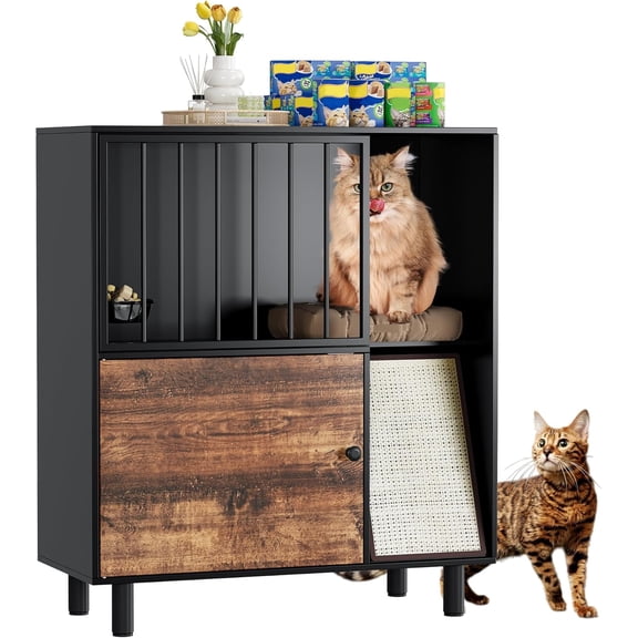 Cat Feeding Station, Dog Proof Cat Feeding Station with Scratching Board, Elevated Food Bowls with Stand, Pet Food Storage with 2 Stainless Steel Bowls, Large Pet House