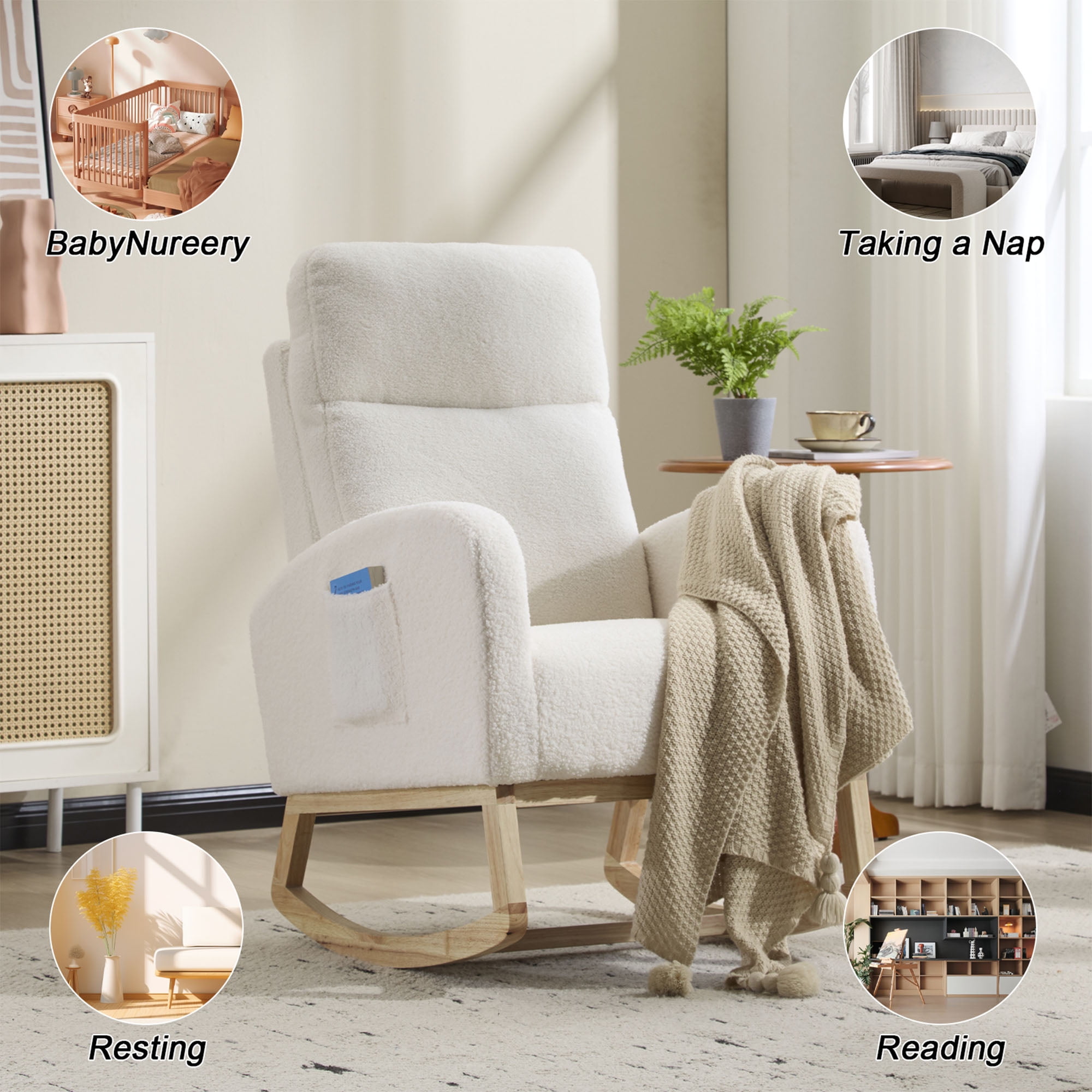 Modern Rocking Chair with High Back & Side Pocket, Nursery Glider Upholstered Armchair, 300 lbs Capacity