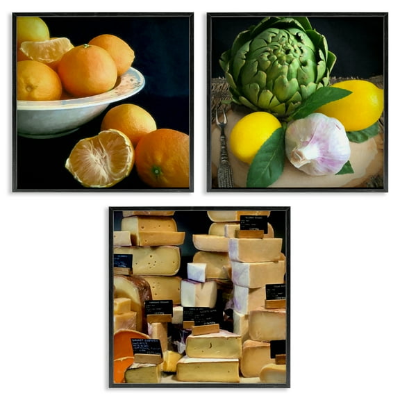 Stupell Industries Vegetables & Cheeses Still Lifes Food & Beverage Painting Black Framed Art Print Wall Art, 12 x 12, Set of 3