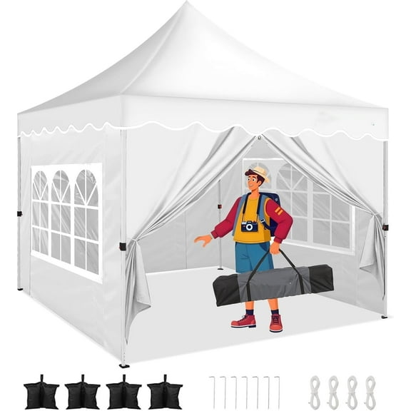 SANOPY 10' x 10' Pop up Canopy Party Tent with 4 Removable Sidewalls, Wave Eave Outdoor Waterproof Patio Gazebo Tent with Carry Bag, Backyards Camping Picnics, White