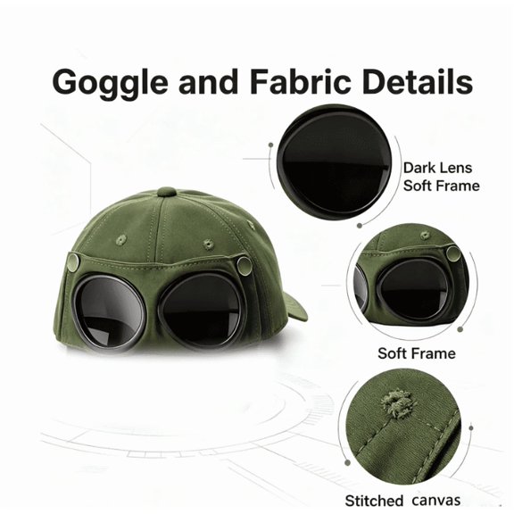 Pilot Goggles Baseball Cap, Korean-Style Pilot Baseball Cap, Aviator Hat with Goggles Baseball Cap Green