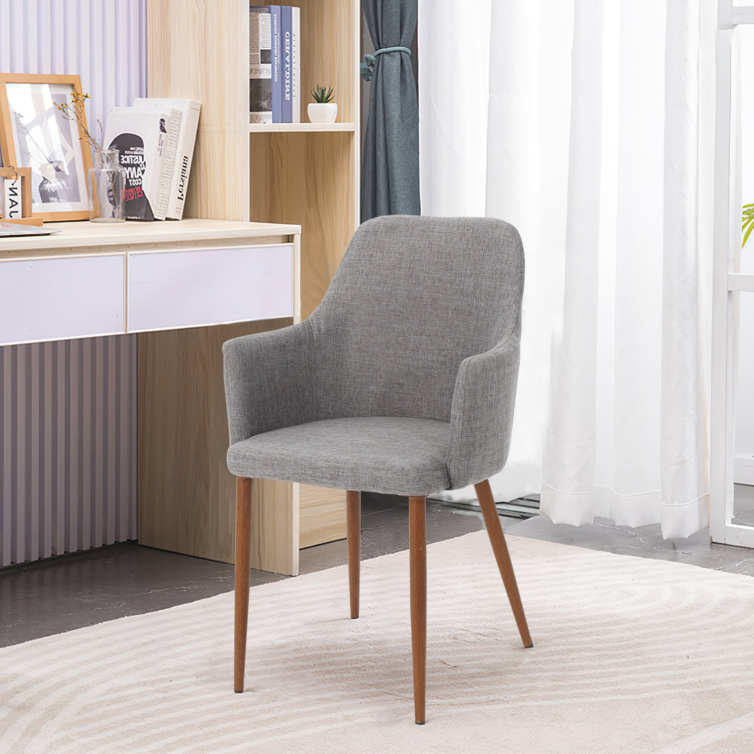Kadyn Mid Century Modern Fabric Dining Chairs, Upholstered Dinner Chair with Wood Legs, Fabric Kitchen Chair for Dinning Room, Set of 2, Light Grey