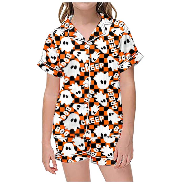 GDREDA Shorts de Pyjama pour Filles Ensemble 2 Pcs Pyjamas pour Enfants Imprimé Graphique Chemise à Manches Courtes à Boutons Shorts Ensemble de Pyjama Blanc, 8-9 Ans