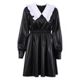 thumbnail image 2 of Femmes Faux Cuir à Col Manches Longues Taille Élastique une Ligne Robe Décontractée Mode Noir Mignon Mini-Robe, 2 of 5