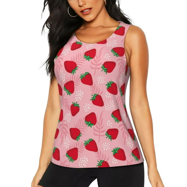 Fotbe Strawberry Blusas Sin Mangas para Mujer – Estilo Casual, Corte Suelto, Slim-Fit, Cuello Redondo Deportivo, Tops de Verano para Gimnasio y Yoga-Medium