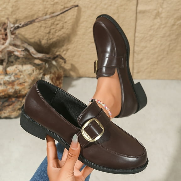 SYMOID Womens Gold Buckle Low Block Heel Loafers - Comfortable Pu Faux Leather Wide Size Us 5-11 Coffee Loafers for Women Versatile for Work Commute Daily Wear,Size 43