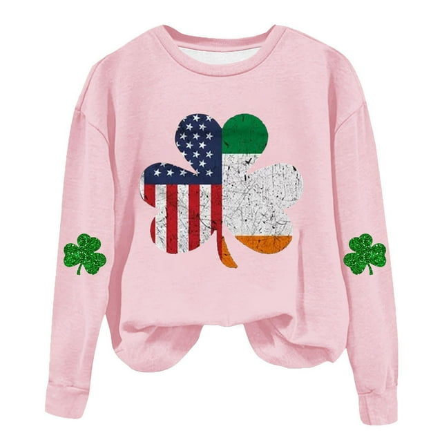 AherBiu Chandails en Molleton de la Saint-Patrick pour Femmes Col Rond Manches Longues Imprimé Trèfle Doublé en Polaire Vêtements de Printemps