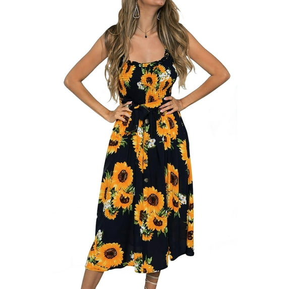 Uhndy Women’s Boho Summer Sunflower Polka Dot Spaghetti Strap Sling Dress Button Down A-Line Midi Swing Sundress