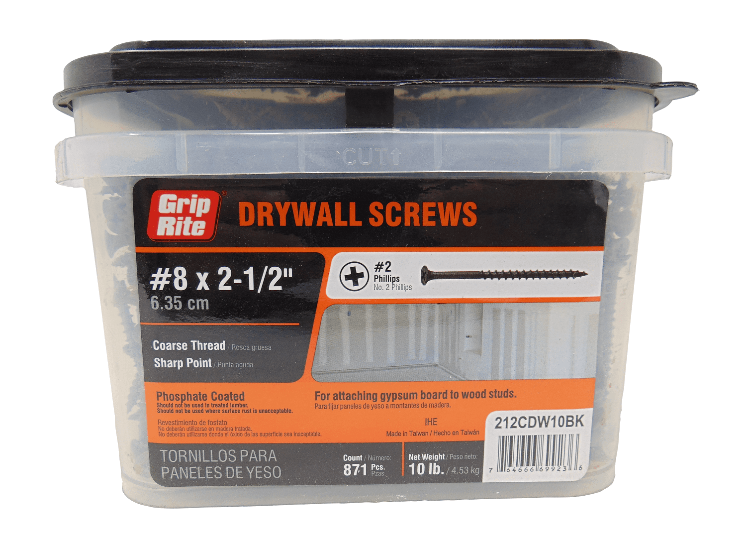 Grip Rite 212CDW10BK #8 by 2-1/2" Bulk Drywall Screws 871 count, 10lbs